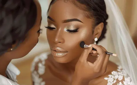 Maquillage peau noire mariage : une mariée resplendissante, le teint sublimé par des touches dorées et scintillantes. Ses yeux et ses lèvres brillent de mille feux.