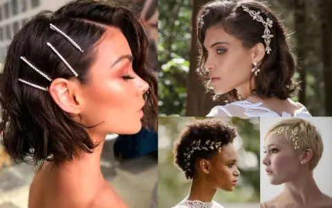 Coiffure mariage cheveux court et fin : épingles scintillantes, diadème fleuri, bijou végétal, feuilles d'or.