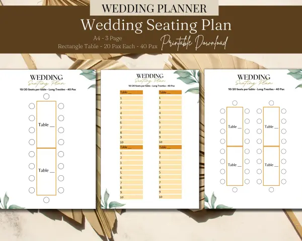 Plan de table pour 40 personnes, avec des tables rectangulaires et des indications pour 10 à 20 invités par table.
