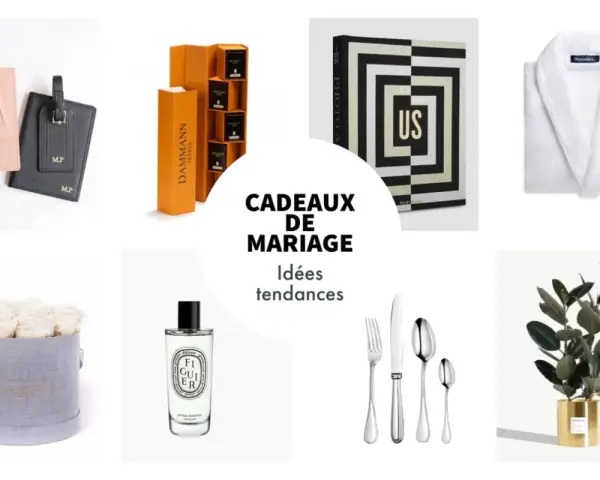 Une sélection d'idées cadeaux pour une liste de mariage traditionnelle : trousse de voyage, thé, album photo, peignoir, roses, parfum, couverts et plante.