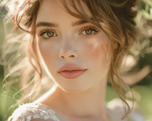 Un maquillage glowy mariage parfait pour une mariée radieuse, avec des joues rosées et un éclat naturel.