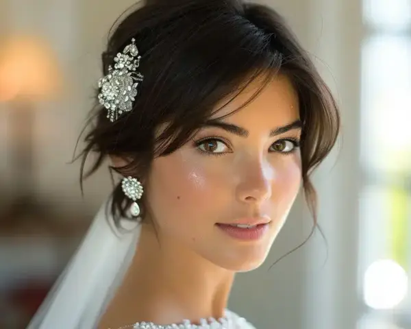 Une mariée aux cheveux courts, ornée d'une épingle scintillante et de boucles d'oreilles élégantes, rayonne de bonheur.