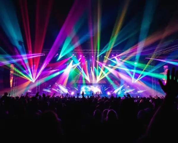 Une foule en délire sous un **totem jeux de lumière** spectaculaire, des faisceaux multicolores illuminent la scène et le public.