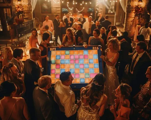 Des invités s'amusent autour d'un jeu coloré, un quizz mariage marrant, lors d'une fête animée.