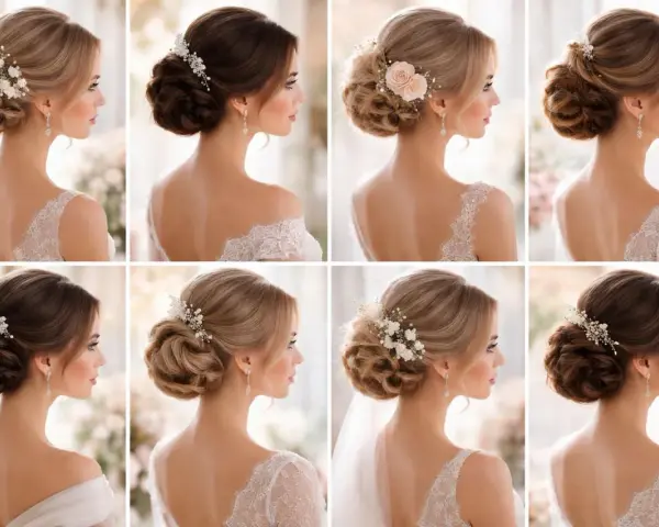 Huit modèles présentent différents chignons ornés de fleurs et de bijoux, parfaits pour une mariée.