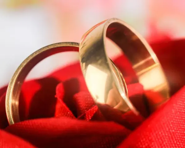 Deux alliances dorées reposent sur un tissu rouge, symbolisant l'amour et l'organisation mariage.