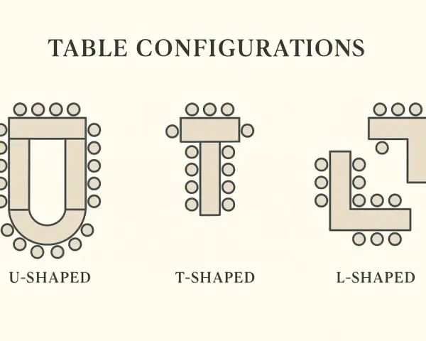 Schémas de disposition de tables pour un mariage : en U, en T, en L.