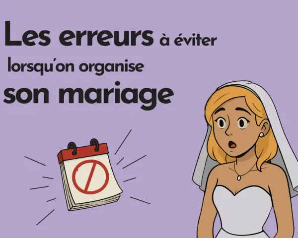 Une mariée surprise regarde un calendrier barré, symbole des erreurs à éviter pour organiser son mariage, y compris pour l'idée repas mariage.