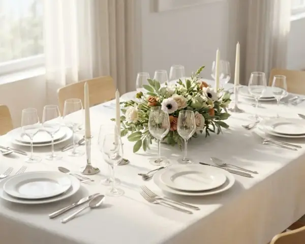 Disposition table couvert élégante avec un centre de table floral, des bougies et des verres à vin.