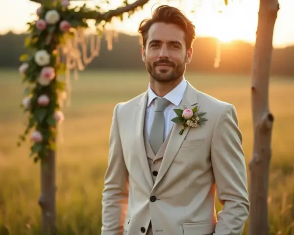 Un homme souriant porte une élégante tenue champêtre homme, un costume beige avec gilet et une boutonnière florale, sous un soleil couchant.