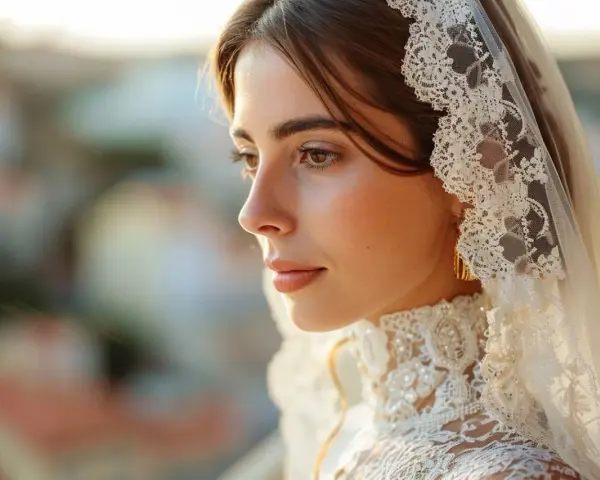 Profil d'une mariée portant une robe traditionnelle portugaise, voile en dentelle fine et col orné de perles.