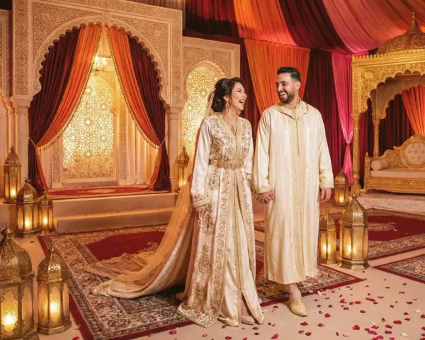 Un couple rayonnant lors d'un mariage arabe, entouré de décorations somptueuses et de lanternes dorées.