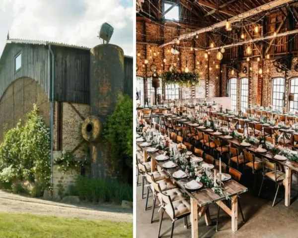Un mariage insolite dans une grange aménagée, avec des tables dressées et décorées de fleurs, sous des guirlandes lumineuses.