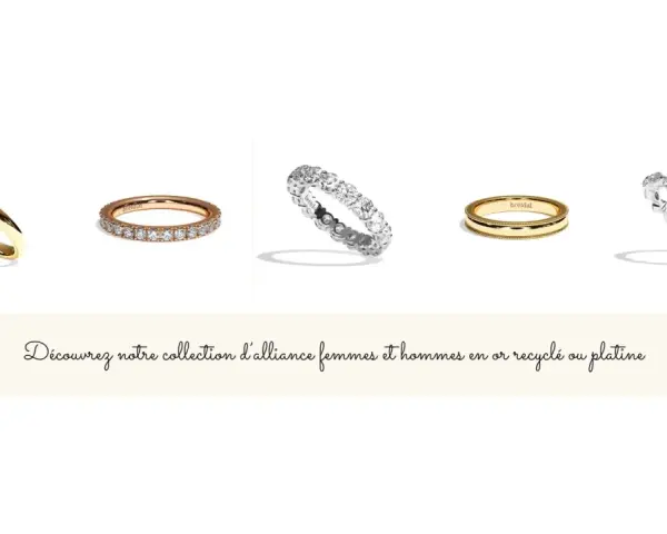 Cinq alliances, dont une alliance or jaune simple, une alliance or rose pavée de diamants, une alliance diamants tour complet, une alliance or jaune texturée et une alliance diamants ajourée.