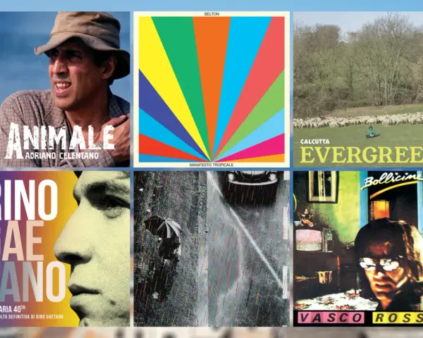 Collage d'albums de musique italienne, dont Adriano Celentano et Vasco Rossi, évoquant une ambiance de chanson d'amour italienne.