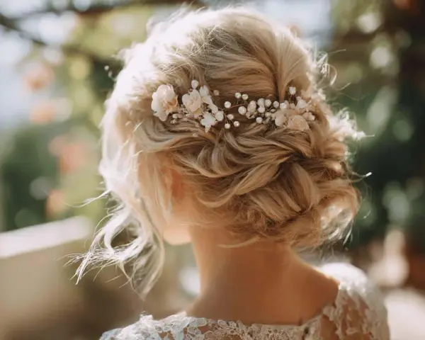 Coiffure mariage cheveux mi long, un chignon flou orné de perles et de petites fleurs, parfait pour un jour J romantique.