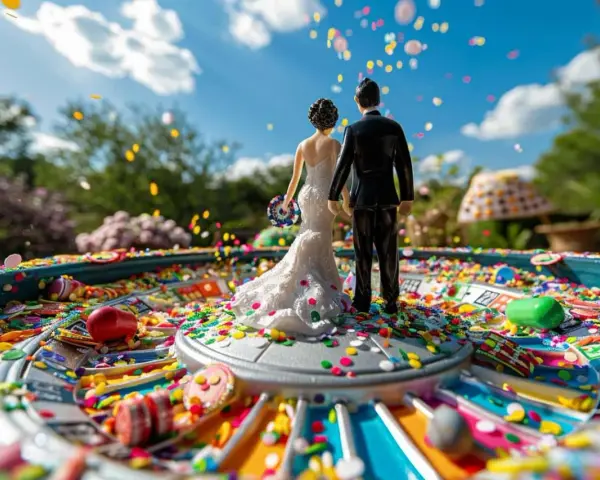 Figurines de mariés sur une roulette de casino colorée, parfaits pour organiser une tombola originale. Confettis et bonbons volent dans l'air.