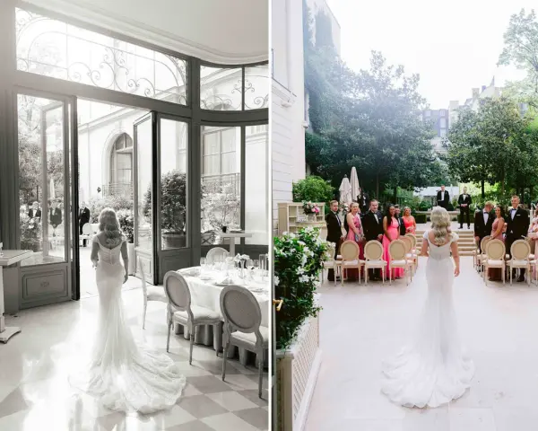 La mariée, en robe scintillante, marche vers l'autel extérieur où l'attendent ses invités. La fête de mariage commence.