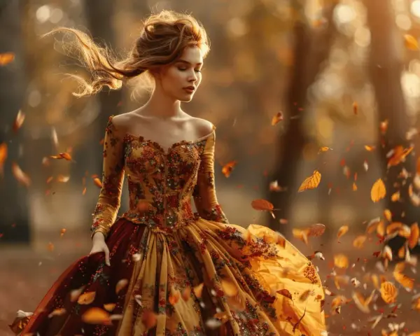 Une jeune femme dans une robe de mariage automne, ses cheveux flottant au vent, entourée de feuilles tombées dans une forêt dorée.