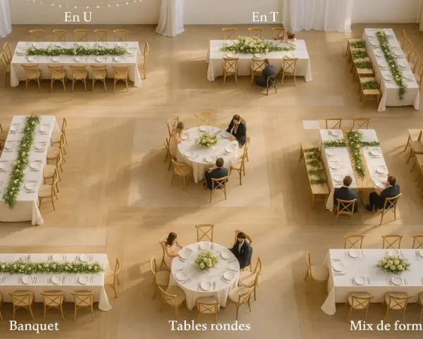 Différents plans de table en épi pour un mariage : tables rectangulaires, rondes et en U, décorées de fleurs.