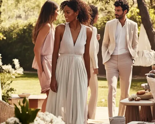 Des invités élégants discutent lors d'un brunch de mariage en plein air. Idées pour comment s'habiller pour un brunch de mariage : robes légères et costumes clairs.