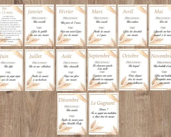 Jeu des 12 mois : chaque mois, un objet à trouver et un gage pour les invités. Le gagnant remporte une invitation à dîner chez les mariés.