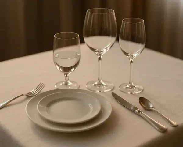 Trois verres à pied sur une table dressée. Quel côté verre à eau est le plus rempli ? Une assiette, une fourchette, un couteau et une cuillère complètent la mise en place.