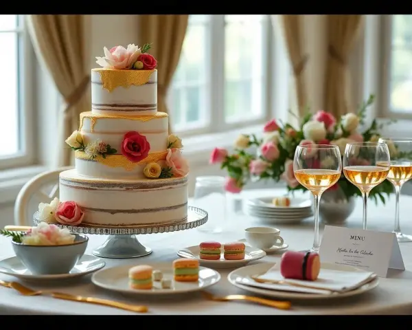 Un magnifique gâteau à trois étages orné de fleurs et de dorures, prêt pour un repas mariage. Des macarons et des coupes de champagne complètent la scène.
