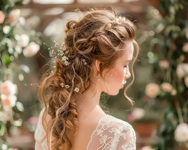 Une mariée avec une demi queue tressée ornée de petites fleurs, parfaite pour un mariage champêtre.