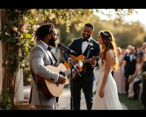 Un musicien joue de la guitare pour un couple marié, créant un moment de surprise mariage émouvant.