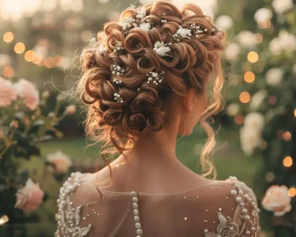 Magnifique coiffure cheveux bouclés mariage, ornée de perles et de petites fleurs blanches, dans un décor champêtre illuminé.