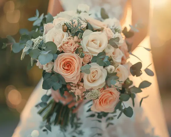 Un joli petit bouquet mariage civil, composé de roses pêche et crème, d'eucalyptus et de petites fleurs blanches, tenu par une mariée.