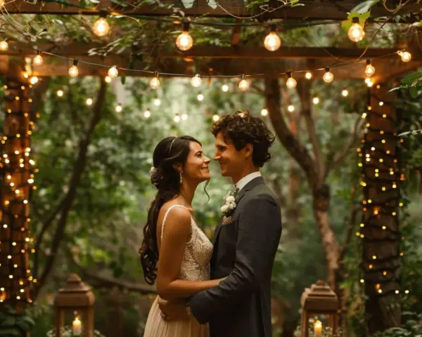 Un couple s'embrasse tendrement sous une arche décorée de guirlandes lumineuses, un doux moment de mariage en forêt.