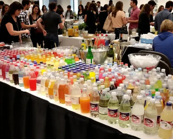 Une table déborde de bouteilles de boissons colorées. Combien de bouteilles d'eau pour 50 personnes ? Il y en a des centaines !