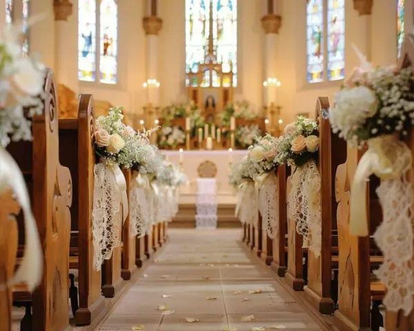 Allée d'église décorée pour un mariage. Des bouquets de fleurs et de la dentelle ornent les bancs, créant une ambiance romantique. Déco église mariage à faire soi-même.