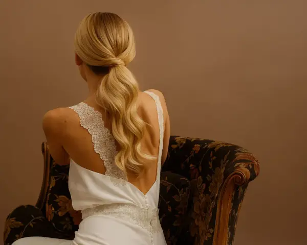 Une invitée de mariage arbore une élégante robe blanche et une queue de cheval blonde, assise sur un fauteuil fleuri.