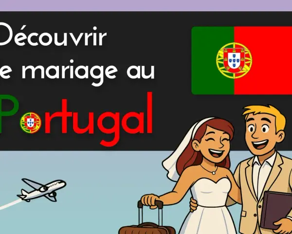 Un couple joyeux s'envole pour son mariage Portugal. L'avion décolle, le drapeau portugais flotte.