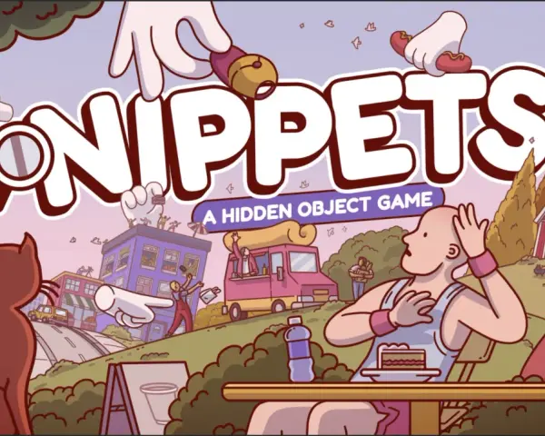 Illustration du jeu "Nippets", un jeu d'objets à aller chercher. Des mains géantes manipulent des objets dans une scène animée.