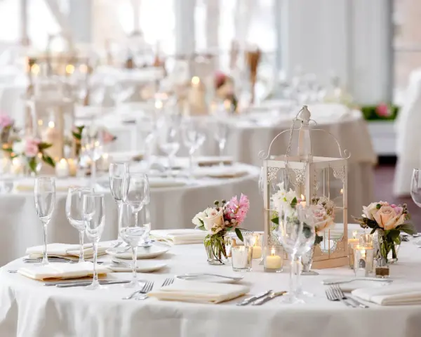 Un élégant plan de table mariage en U, avec des tables rondes dressées de vaisselle fine, de verres à pied, de bougies et de bouquets de roses.