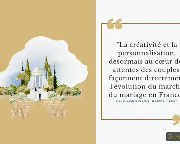 Illustration d'une cérémonie de mariage en plein air, avec un couple sous un kiosque, des chaises disposées. Citation sur la personnalisation de l'animation mariage.