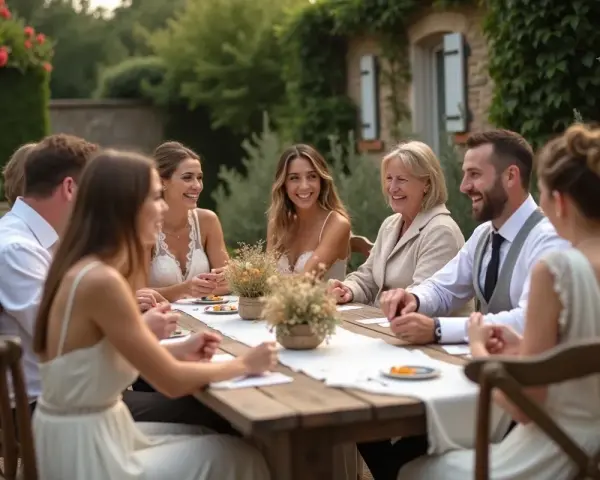 Un groupe de personnes souriantes partage un repas en plein air, profitant de jeux mariage petit comité dans un cadre champêtre.