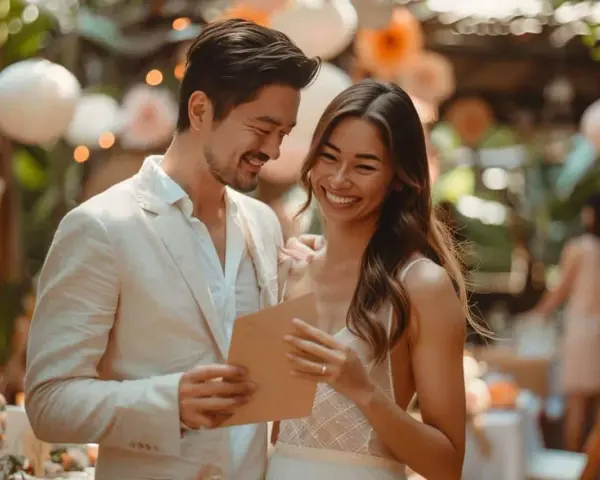 Un couple souriant lit une carte lors d'un mariage en plein air. Ils semblent discuter de combien donner pour un apéro de mariage.