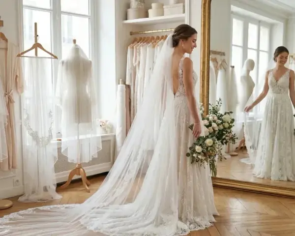 Une mariée avec des cheveux lâchés sous un voile, tenant un bouquet, admire sa robe dans un miroir.