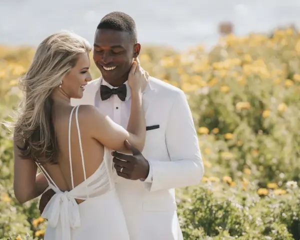 Un couple heureux dans un champ de fleurs jaunes. La mariée porte une robe de mariée blanche, simple et élégante, avec un dos nu. Le marié est en costume blanc.