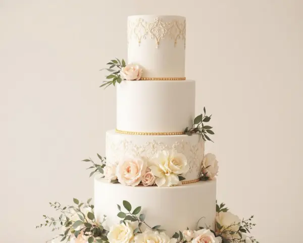 Magnifique gâteau de mariage traditionnel à quatre étages, orné de dentelle dorée, de roses pâles et de feuillage.