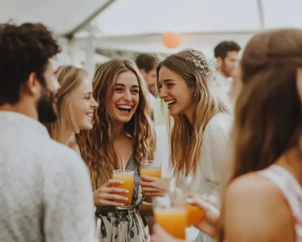 Des jeunes femmes rient joyeusement lors d'une fête de mariage, un verre à la main. L'ambiance est festive, presque comme une "murder party mariage" où le suspense est remplacé par la joie.
