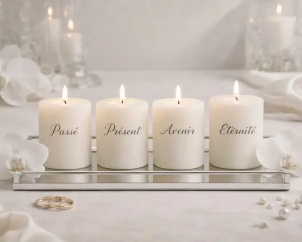 Quatre bougies allumées symbolisant le rituel des bougies mariage : Passé, Présent, Avenir, Éternité. Ornées d'orchidées blanches et d'alliances.