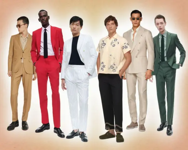 Six hommes présentent des tenues variées, dont une tenue invitée mariage bohème chic homme avec un costume beige décontracté.
