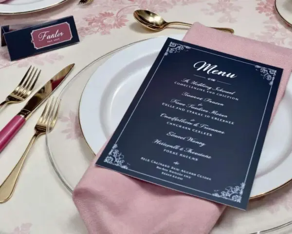 Un exemple de menu de mariage original sur une table dressée avec élégance.