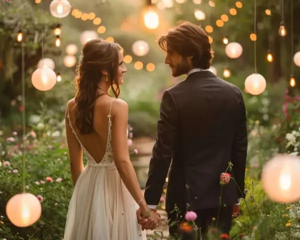 Un couple se tient la main dans un jardin illuminé de lanternes, un moment de tendresse qui révèle les plus belles surprises de mariage.